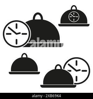 Symbole für den Gastronomiedienst. Uhr und Uhr. Schwarze Vektorabbildungen. Zeitmanagementsymbole. Stock Vektor