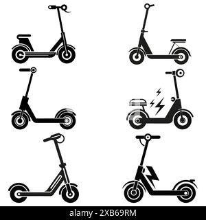 Symbole für Elektroroller. Sechs Schwarzweiß. Moderne Vektordesigns. Grafikelemente reinigen. Stock Vektor