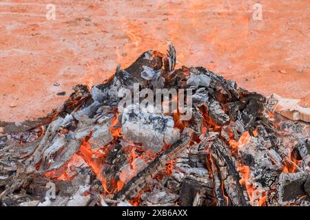 Feuer, das auf Holz brennt, werden aus nächster Nähe gesehen Stockfoto