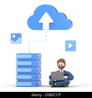 Web-Konzept des Datenservers. Speichertechnologie, Datenbank. Vorlage für Personenszene. 3D-Illustration eines Geschäftsmannes in flachem Design für Website, Ordner Stockfoto