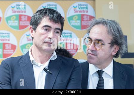 Rom, Italien. Juni 2024. Nicola Fratoianni und Angelo Bonelli während der Pressekonferenz der Mitglieder von „Alleanza Verdi e Sinistra“ im Hauptsitz des Wahlausschusses in Rom (Credit Image: © Matteo Nardone/Pacific Press via ZUMA Press Wire) NUR REDAKTIONELLE VERWENDUNG! Nicht für kommerzielle ZWECKE! Stockfoto