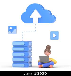 Web-Konzept des Datenservers. Speichertechnologie, Datenbank. Vorlage für Personenszene. 3D-Illustration eines Geschäftsmannes in flachem Design für Website, Ordner Stockfoto
