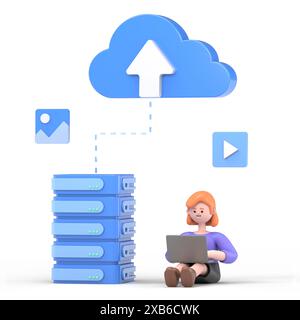 Web-Konzept des Datenservers. Speichertechnologie, Datenbank. Vorlage für Personenszene. 3D-Illustration eines Geschäftsmannes in flachem Design für Website, Ordner Stockfoto