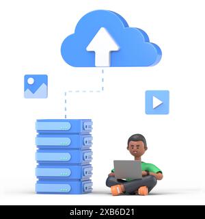 Web-Konzept des Datenservers. Speichertechnologie, Datenbank. Vorlage für Personenszene. 3D-Illustration eines Geschäftsmannes in flachem Design für Website, Ordner Stockfoto