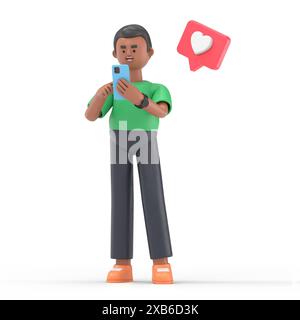 3D-Illustration eines Geschäftsmannes, der ihr Handy anlächelt. Weibliche Figur, die das Telefon hält und auf dem mobilen Bildschirm auftaucht. 3D-Abbildung Modellerstellung Stockfoto