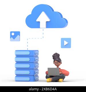 Web-Konzept des Datenservers. Speichertechnologie, Datenbank. Vorlage für Personenszene. 3D-Illustration eines Geschäftsmannes in flachem Design für Website, Ordner Stockfoto
