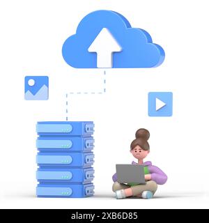 Web-Konzept des Datenservers. Speichertechnologie, Datenbank. Vorlage für Personenszene. 3D-Illustration eines Geschäftsmannes in flachem Design für Website, Ordner Stockfoto