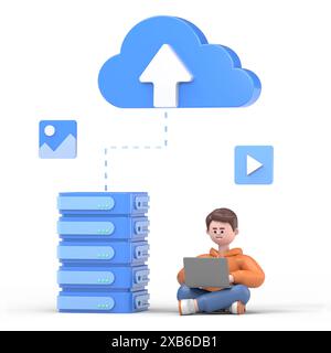 Web-Konzept des Datenservers. Speichertechnologie, Datenbank. Vorlage für Personenszene. 3D-Illustration eines Geschäftsmannes in flachem Design für Website, Ordner Stockfoto