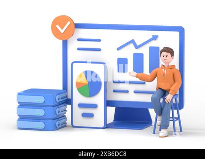 Big Data und Cloud-Computing. 3D-Illustration eines Geschäftsmannes, der Remote-Server zur Analyse großer Datenmengen und zur Erkennung von Fehlern verwendet. Aktion Stockfoto
