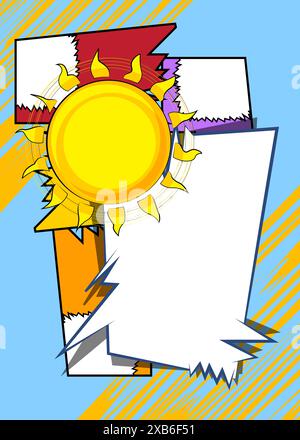 Cartoon Sommersonne mit leerer Sprechblase, Comic-Buch sonniger Hintergrund. Retro-Vektor-Comics Pop-Art-Design. Stock Vektor