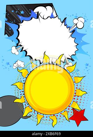 Cartoon Sommersonne mit leerer Sprechblase, Comic-Buch sonniger Hintergrund. Retro-Vektor-Comics Pop-Art-Design. Stock Vektor