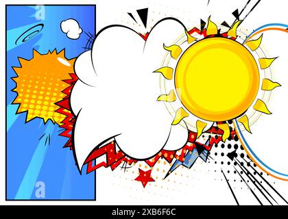 Cartoon Sommersonne mit leerer Sprechblase, Comic-Buch sonniger Hintergrund. Retro-Vektor-Comics Pop-Art-Design. Stock Vektor