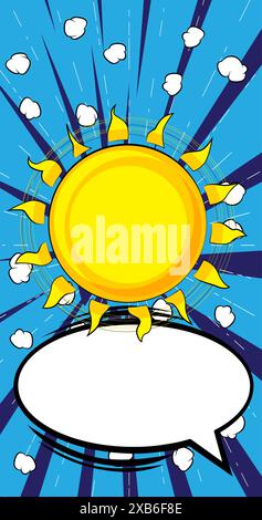 Cartoon Sommersonne mit leerer Sprechblase, Comic-Buch sonniger Hintergrund. Retro-Vektor-Comics Pop-Art-Design. Stock Vektor