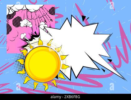 Cartoon Sommersonne mit leerer Sprechblase, Comic-Buch sonniger Hintergrund. Retro-Vektor-Comics Pop-Art-Design. Stock Vektor