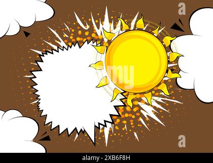 Cartoon Sommersonne mit leerer Sprechblase, Comic-Buch sonniger Hintergrund. Retro-Vektor-Comics Pop-Art-Design. Stock Vektor
