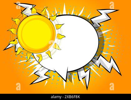 Cartoon Sommersonne mit leerer Sprechblase, Comic-Buch sonniger Hintergrund. Retro-Vektor-Comics Pop-Art-Design. Stock Vektor