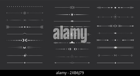 Silberne himmlische Trennwand mit dünnem Rand. Sammlungsstamm mit Mond, Sternen und Pfeilen mystische Trennzeichen. Modernes Ornament minimales Set isoliert auf dunklem Hintergrund. Vektorabbildung Stock Vektor