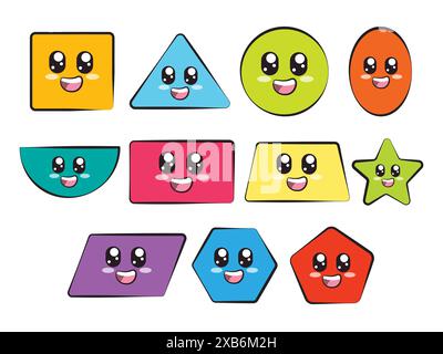 Verschiedene geometrische Kompositionen niedliche emotionale Gesichter Geometrie Grundformen farbenfrohes Design mit Augen und Ausdruck Stock Vektor