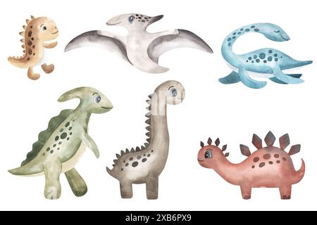 Dinosaurier Aquarell Illustration Set von bunten Tieren isoliert auf weißem Hintergrund. Niedliche Charaktere für das Kinderzimmer. Einladung, Karte, Buch Stockfoto