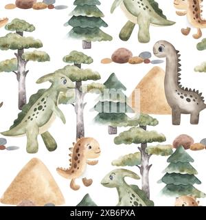 Nahtloses Muster der Dino-Bäume. Aquarellgrüne Pflanzen mit Dinosauriern. Perfekt für Babyduschen, Stoff, Kinderzimmer Dekorationen, Einladungen, Party, Design Stockfoto
