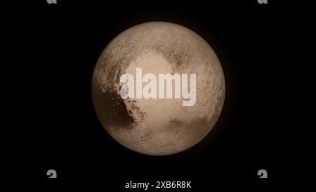 Pluto, der entfernte und mysteriöse Zwergplanet am Rande unseres Sonnensystems. Dieses Material zeigt Plutos eisige Oberfläche und felsiges Gelände. Stockfoto