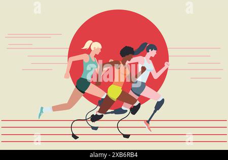 Illustration von drei Frauen, die Wettkämpfe mit Beinprothesen in Tanktop und Shorts laufen. Flaches Design für Läufer-paralympic-Athleten. Stock Vektor