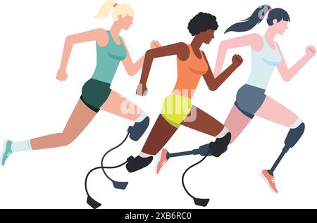 Illustration von drei Frauen, die Wettkämpfe mit Beinprothesen in Tanktop und Shorts laufen. Flaches Design für Läufer-paralympic-Athleten. Stock Vektor