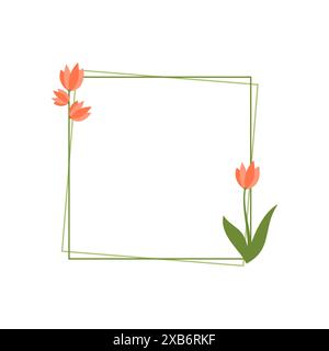 Quadratischer Blumenrahmen mit süßen Blumen und Blättern. Minimalistisches dekoratives botanisches Laub grenzt isolierte Vektor-Illustration Stock Vektor