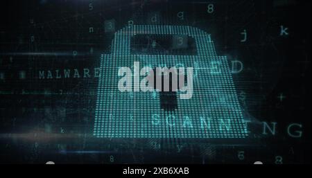 Digitales Schlosssymbol mit erkannter Text-Malware und Ransomware auf dunklem Hintergrund Stockfoto