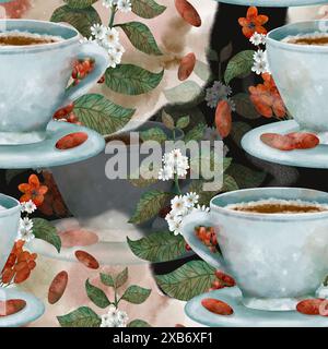 Ein wunderschönes nahtloses Muster mit Kaffeetassen, Blättern und Blumen in einer beruhigenden Farbpalette. Digitale Kunst im Aquarellstil, auf schwarzem Hintergrund, zum Drucken auf Stoff und Papier. Stockfoto