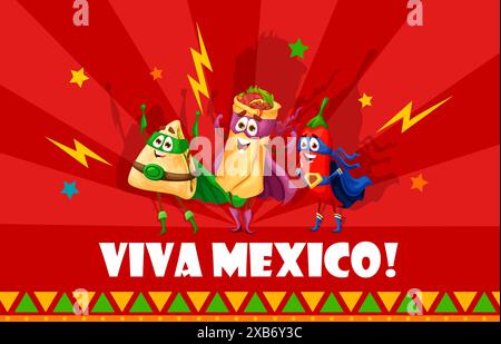 Viva Mexico Banner mit Tex Mex mexikanische Lebensmittel Superhelden Charaktere, Cartoon Vektor. Mexikanische Küche Essen lustige Burrito, Quesadilla und Chili-Pfeffer in Superhelden- oder Schutzkostümen und magischen Capes Stock Vektor