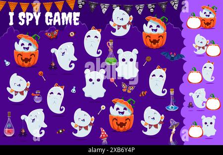 Ich spioniere Spiel, süße Halloween-Kawaii-Geisterfiguren. Objektsuche Kinder, die Aktivitäten spielen, Kinderberechnungsspiel oder Puzzle-Vektor-Arbeitsblatt oder Zählpuzzle mit Halloween niedlichen Geisterfiguren spielen Stock Vektor