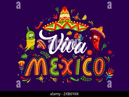 Viva Mexico Banner mit farbenfrohen, festlichen Dekorationen, Zeichentrickfiguren mit Chili-Pfeffer in Sombreros, lebendigen Mustern und traditionellen lateinischen Elementen, die mexikanische Kultur und Feste feiern Stock Vektor