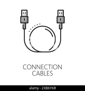 Computer-Verbindungssoftware, Symbol für dünne Kabel. Digitale Verbindungstechnologie, Computerwartung, Datentestsoftware lineares Vektorsymbol oder Piktogramm mit Computerdaten oder USB-Ladekabel Stock Vektor