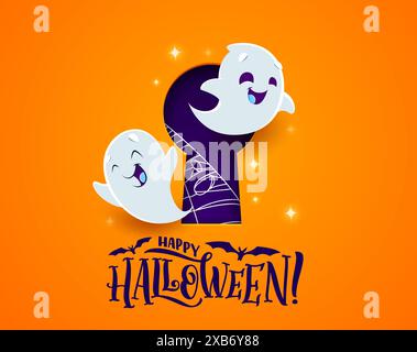 Halloween-Schlüsselloch und fliegende Kawaii-Geisterfiguren aus Papier. Halloween Feiertage Horror Night Monster Vektorfiguren mit Fledermäusen, Spinnennetz und Glitzern. Trick or Treat Party 3D-Papercut-Einladung Stock Vektor