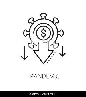 Symbol für Pandemie-Wirtschaftskrise und Geldverlust, Symbol für Abschwung und Bankrott mit Zahnrad, Dollar und sinkenden Pfeilen. Ein weit verbreitetes lineares Vektor-Zeichen für Geldverluste, das die globalen wirtschaftlichen Auswirkungen widerspiegelt Stock Vektor