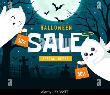 Kawaii-Geister auf dem Friedhof um Mitternacht. Halloween-Werbebanner. Hintergrund für Comic-Vektor-Anzeigen für Herbst-Saisonrabatt-Angebot. Werbekarte mit lustigen, fliegenden weißen Flugbenzin in der Nacht Stock Vektor
