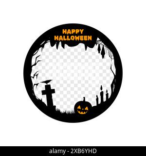 Halloween Social Media Post Frame Vorlage hat einen runden Rand mit geisterhaften Details. Gruseliger Hintergrund mit schwarzen und orangen Farben, Fledermäuse, Kürbisgesicht, Friedhofsgräber, Kerzen und Rabensilhouetten Stock Vektor