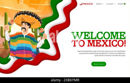 Mexiko-Reise-Landing-Page im Papierschnitt-Stil. Vektor-Webbanner-Vorlage mit mexikanischem Nationalzeichen. Latino-Mann Mariachi-Musiker, der Maracas in der Wüste mit Kakteen spielt. Willkommen bei Mexiko Stock Vektor