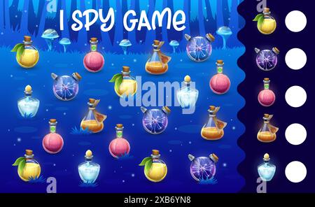Halloween Kids I Spion Spiel mit Hexen Zaubertrank Flaschen auf Märchenwald Wiese. Mathematische Puzzle-Vektor-Arbeitsblatt des Find-and-Count-Quiz mit Cartoon Halloween-Feiertags-Trank-Flaschen, Gläsern und Flaschen Stock Vektor