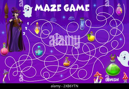 Halloween Labyrinth Labyrinth, Hilfe bei der Hexensuche Zaubertrank Flasche, Vektorspiel Arbeitsblatt. Kinder-Cartoon-Puzzle helfen Hexen dabei, den Weg zu magischen Elixier-Trank-Flaschen im Labyrinth im Wald zu finden Stock Vektor