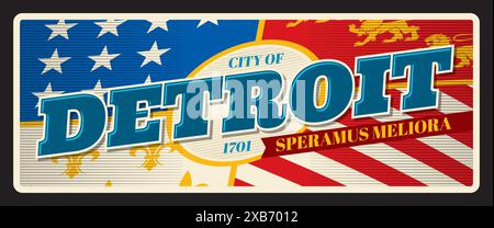 Detroit american City Retro Reiseschild, Blechschild, Touristenaufkleber. USA City Blech Schild, Vektor Vintage Souvenir Karte oder Banner mit Flagge. US-Flagge und Wappen, Speramus meliora Motto Stock Vektor