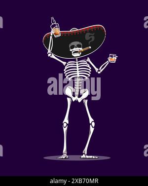 Halloween-Skelett in Sombrero, der Whiskey trinkt. Mexikanischer Tag der Toten Feiertag lustige Persönlichkeit, Halloween gruseliger Charakter, gruseliges Skelett, das breiten Sombrero entwöhnt, Zigarren raucht, Alkohol trinkt Stock Vektor