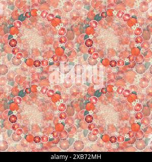 Ein lebendiges Kreismuster zeigt Zitrusfrüchte, Blumen und Lichteffekte auf einem beigefarbenen Hintergrund in einem faszinierenden fraktalen Design Stockfoto