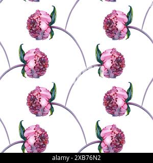 Sommer nahtloses Aquarellmuster mit rosa Pfingstrosen und Rosen auf einem weißen Hintergrund, Illustration auf einem weißen Hintergrund Stockfoto