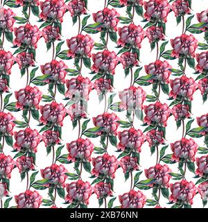 Sommer nahtloses Aquarellmuster mit rosa Pfingstrosen und Rosen auf einem weißen Hintergrund, Illustration auf einem weißen Hintergrund Stockfoto