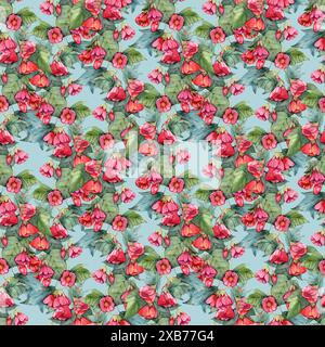 Wunderschöne abutilon Blumen auf Kletterzweigen. Nahtloses Blumenmuster. Aquarellmalerei. Handgemalte Abbildung. Stoff, Tapete, Verpackung Stockfoto
