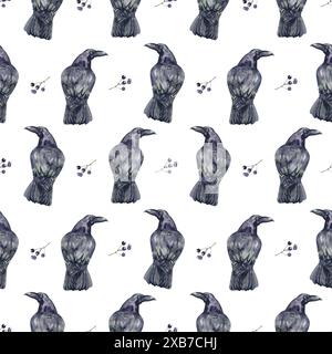 Nahtloses Muster mit Krähen. Vögel sitzen. Aquarellmalerei von Hand im Vintage-Stil. Gothic, stilvoller Hintergrund. Stockfoto