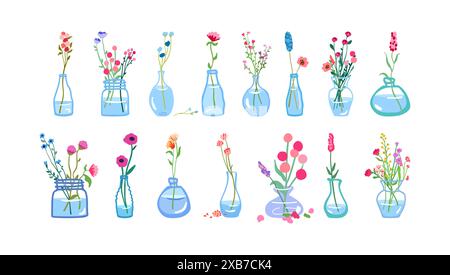 Große Reihe von zarten anmutigen Wildblumen 15 Blumensträuße Glasvase hohe Stiele Laub. Einfache florale Elemente Wilde Pflanzen isolierter weißer Hintergrund flache Vektor-Illustration niedlich Stock Vektor
