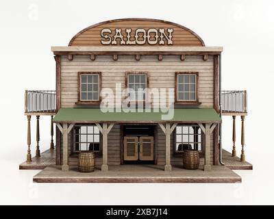 Wild West Saloon Gebäude isoliert auf weißem Hintergrund. 3D-Abbildung. Stockfoto